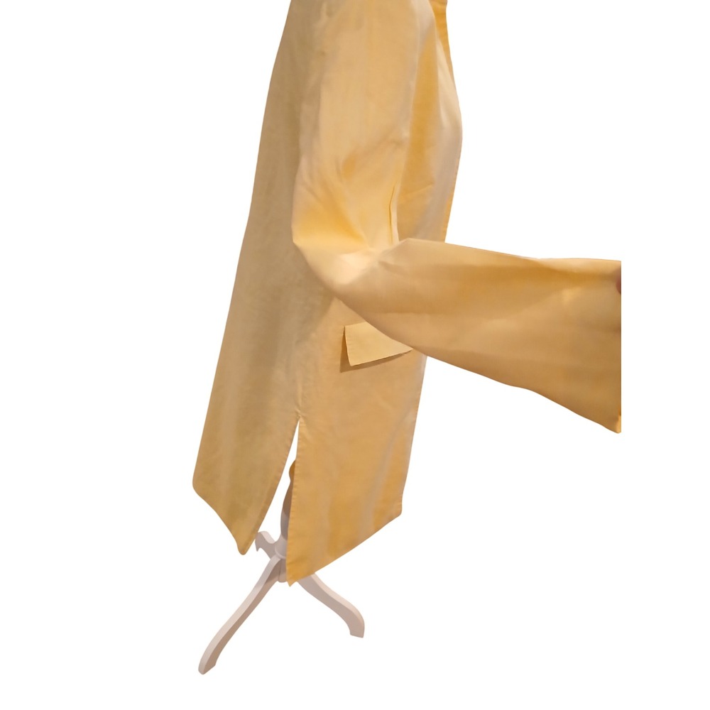Linen Yellow Open Duster Jacket Mandarin Collar Long Sleeve Side Slit Blazer - Picture 4 of 14